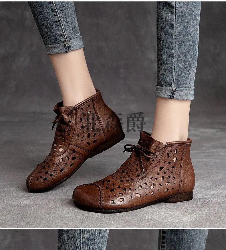 民族风女皮鞋妈妈真的皮2022新款复古镂空单鞋特色罗马中年软底凉靴女