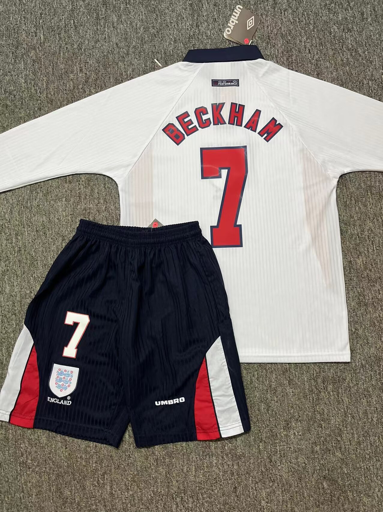 沪韵98英格兰球衣1998世界杯主场7号贝克汉姆-20号长袖复古足球服 浅