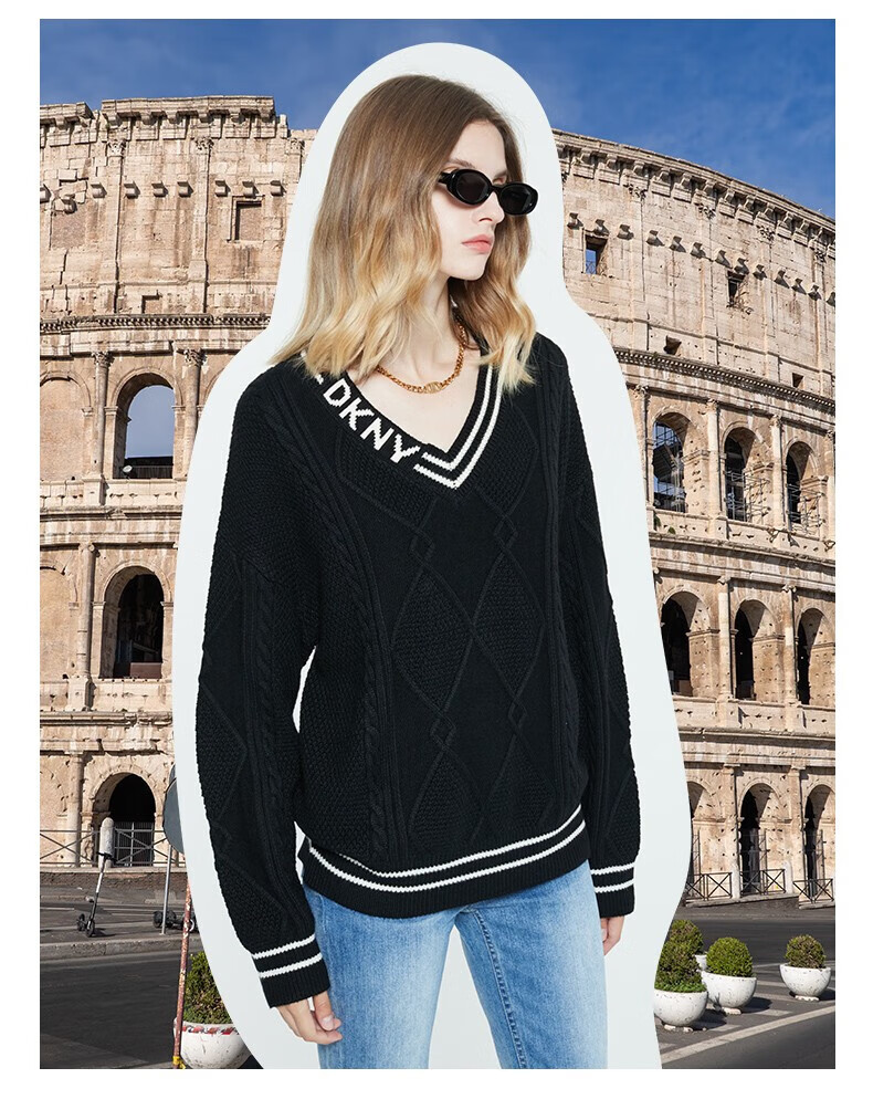 dkny女士毛衣2022年秋冬新款学院风v领提logo绞花女式针织衫女装 黑色