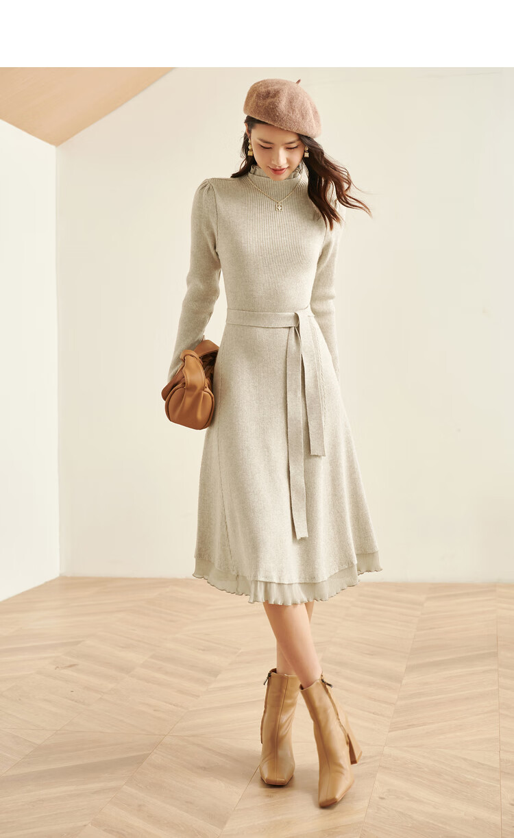 尚都比拉荷叶领修身针织连衣裙女2020秋冬收腰显瘦中长款裙子 燕麦色