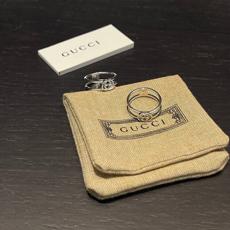 gucci 古驰 银色互扣式双g窄版开口戒指 ins简约风百搭情侣对戒 送