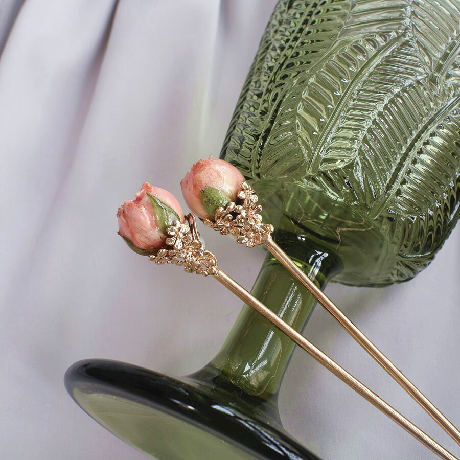 复古干花发簪日常现代盘发簪子女生礼物发饰头饰 粉玫瑰发簪一支徊 