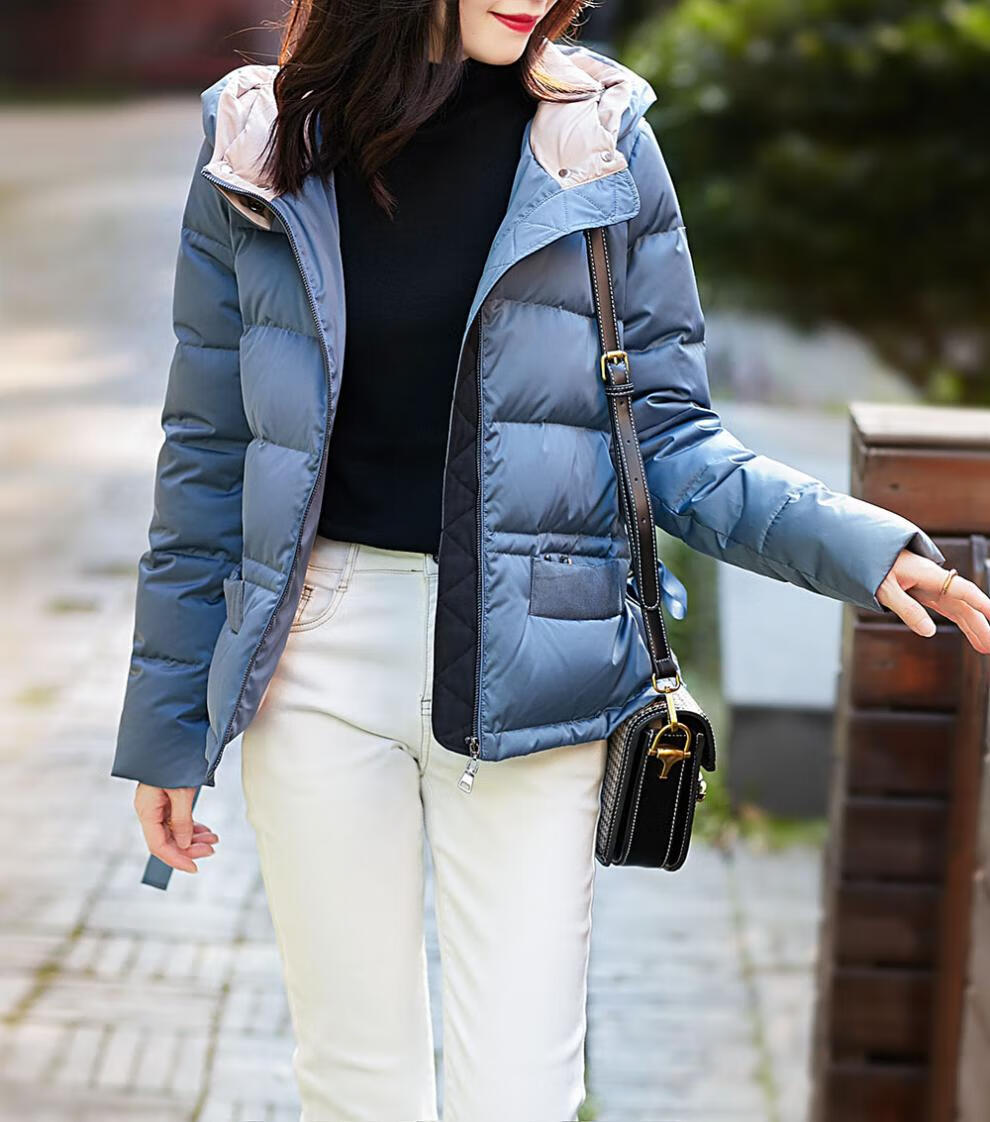 高品质新款笑涵阁い 雾霾蓝白鹅绒 连帽羽绒服女短款潮百搭 雾霾蓝 xl