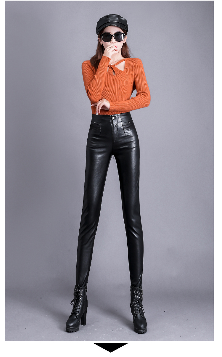 皮裤女打底裤高腰真皮皮裤女加绒加厚无痕外穿打底小脚裤紧身弹力大码