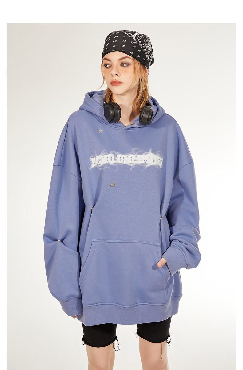 ecko犀牛潮牌2022冬季新款复古金属按扣字母烟雾印花加绒连帽卫衣男女