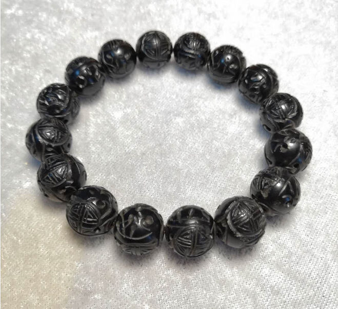 默奢抚顺天然煤精手串纯手工雕刻刻花福禄寿原矿14毫米
