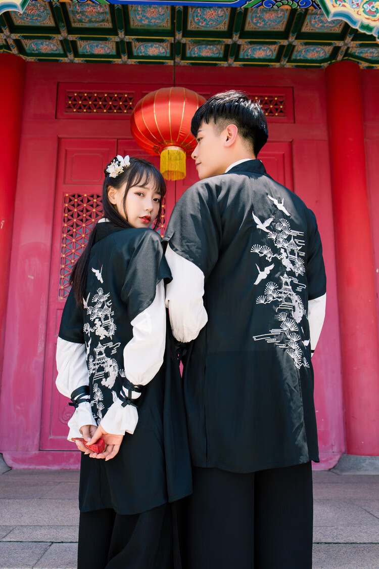 81080传统汉服仙鹤绣花交领长袖 宋裤日常武侠风 情侣装cp装 套装