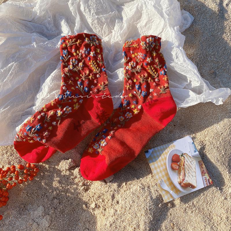 东北大花袜子春节红色喜庆提花袜子~复古文艺土味东北大花新年圣诞中