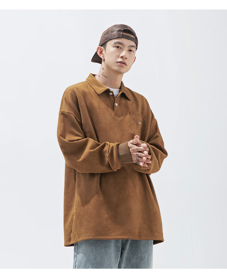卫衣男潮流秋季衣服慵懒风宽松外套麂皮绒有领子厚款长袖 浅棕色 l