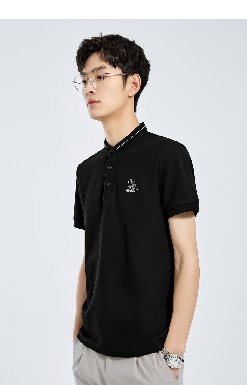 太平鸟男装2022夏新款短袖保罗衫翻领花卉刺绣polo衫商务修身恤黑色