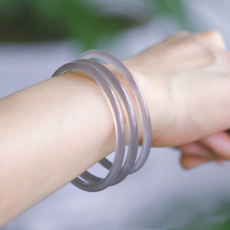 4mm叮当镯细圆条 冰种烟灰玉髓玛瑙玉镯 【4mm宽】50-51mm