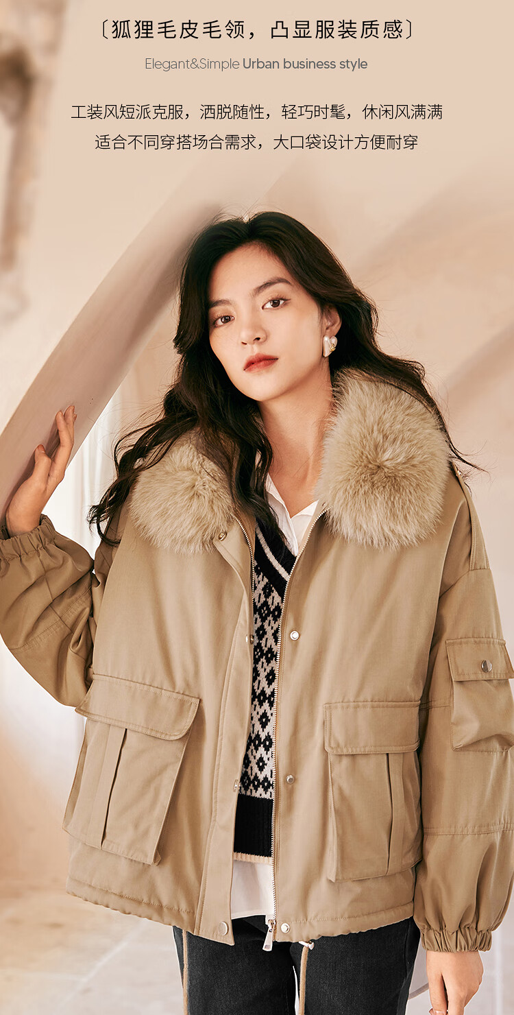 伊芙丽短款派克服女2021冬季新款工装风大毛领秋冬加厚保暖短外套