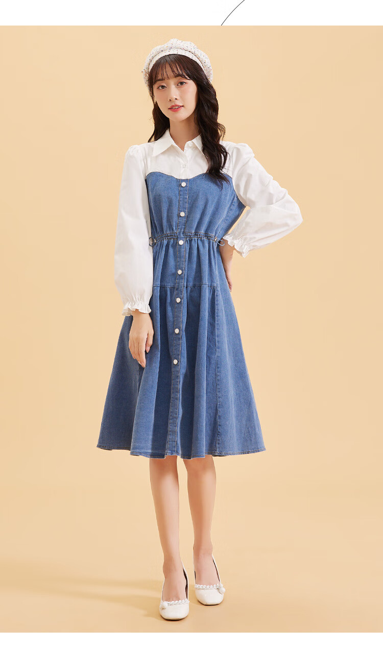 ief爱依服连衣裙2021秋季新款潮复古港风设计感拼接收腰牛仔长裙2712