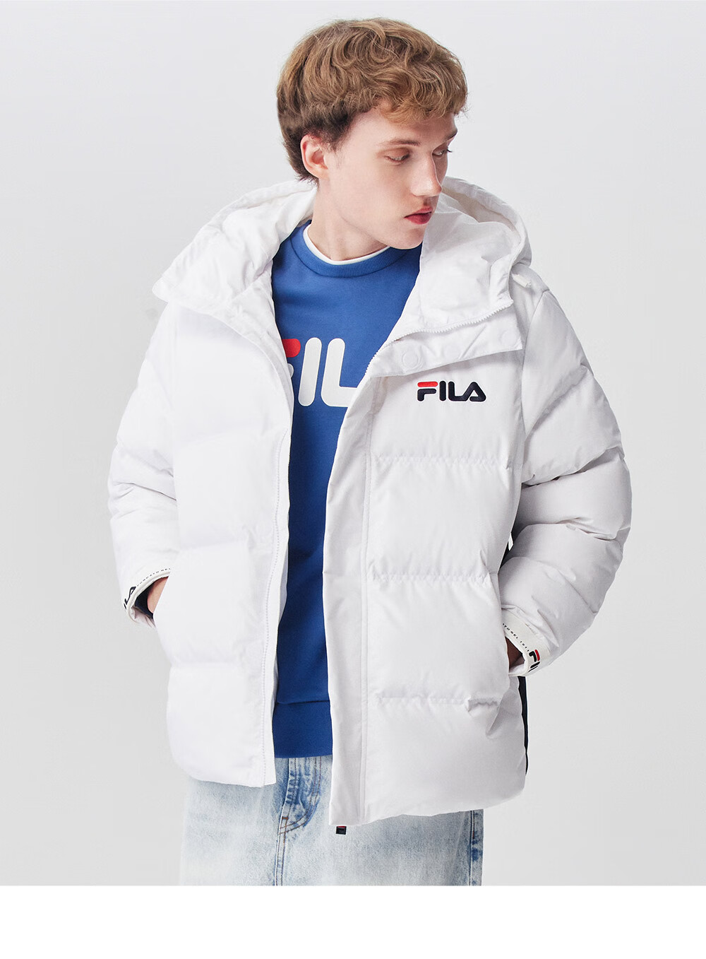 fila斐乐男士羽绒服冬季保暖连帽短款白色休闲外套 标准白-wt 175/96a