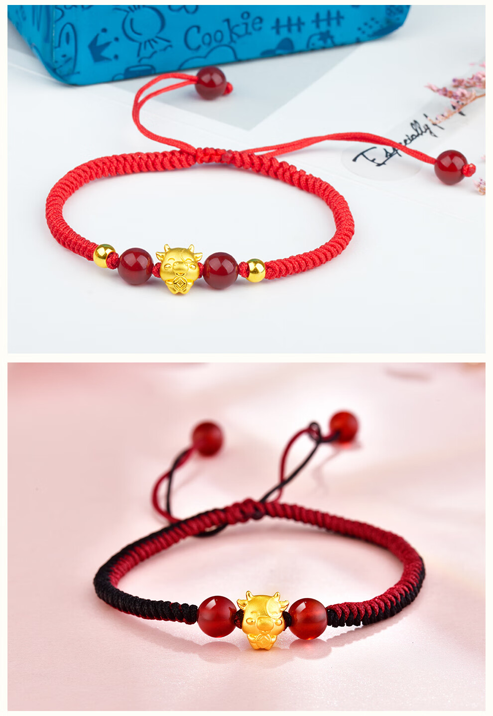 周福生 黄金手链女生肖牛转运珠黄金本命年红绳小金牛手串送礼 【牛转