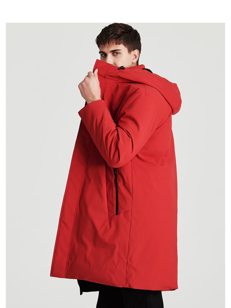 boni/堡尼男士中长款羽绒服秋冬中国红连帽羽绒外套中青年保暖休闲