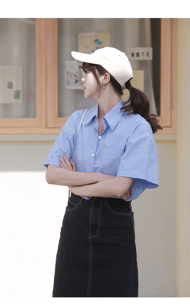衬衫女夏季蓝色洋气学生内搭外穿宽松百搭港风减龄衬衣短袖jk上衣浅