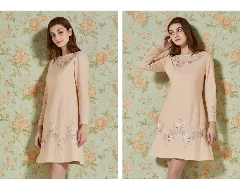 绣花钉珠蕾丝拼接长袖连衣裙女镂空中裙子女装粉红玛丽肤色l码17088a