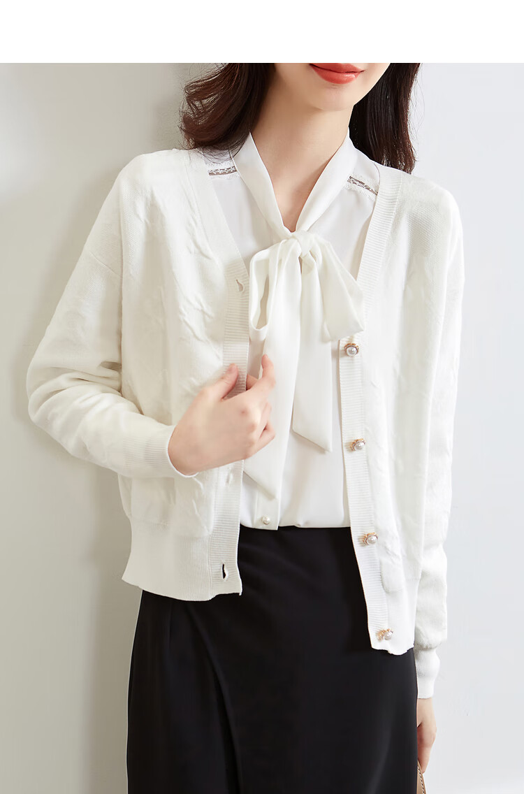 尚都比拉单排扣肌理感毛针织开衫女2022春季新款气质v领上衣白色s