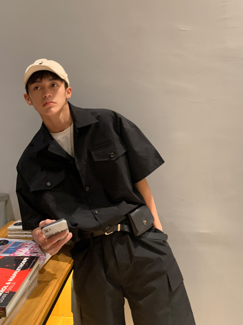 青少年连体衣套装男夏季薄款一套搭配帅气2021短裤工装裤 黑色 m