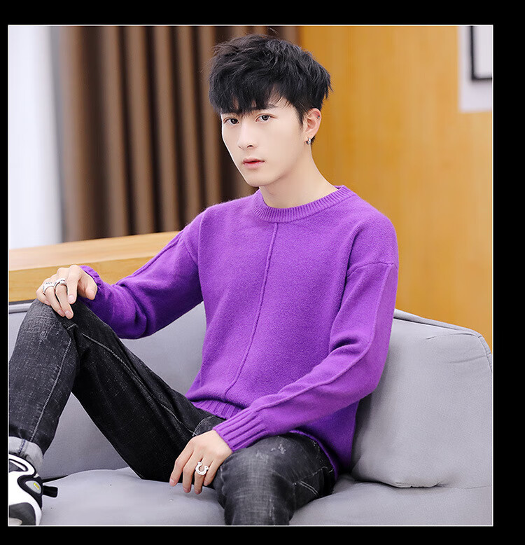 低领毛衣男新款圆领毛衣男针织毛衫个性简约提花男式毛衣 1806紫色 m