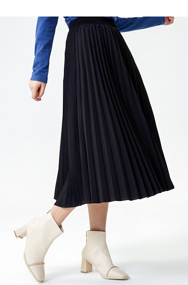 三福2021冬季女气质名媛百褶裙摆长裙时尚裙子女446961 黑色 165/68a