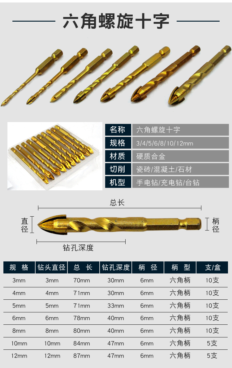 许诺十字合金瓷砖钻头六角柄霸王钻超硬混凝土玻璃陶瓷三角钻墙壁钻
