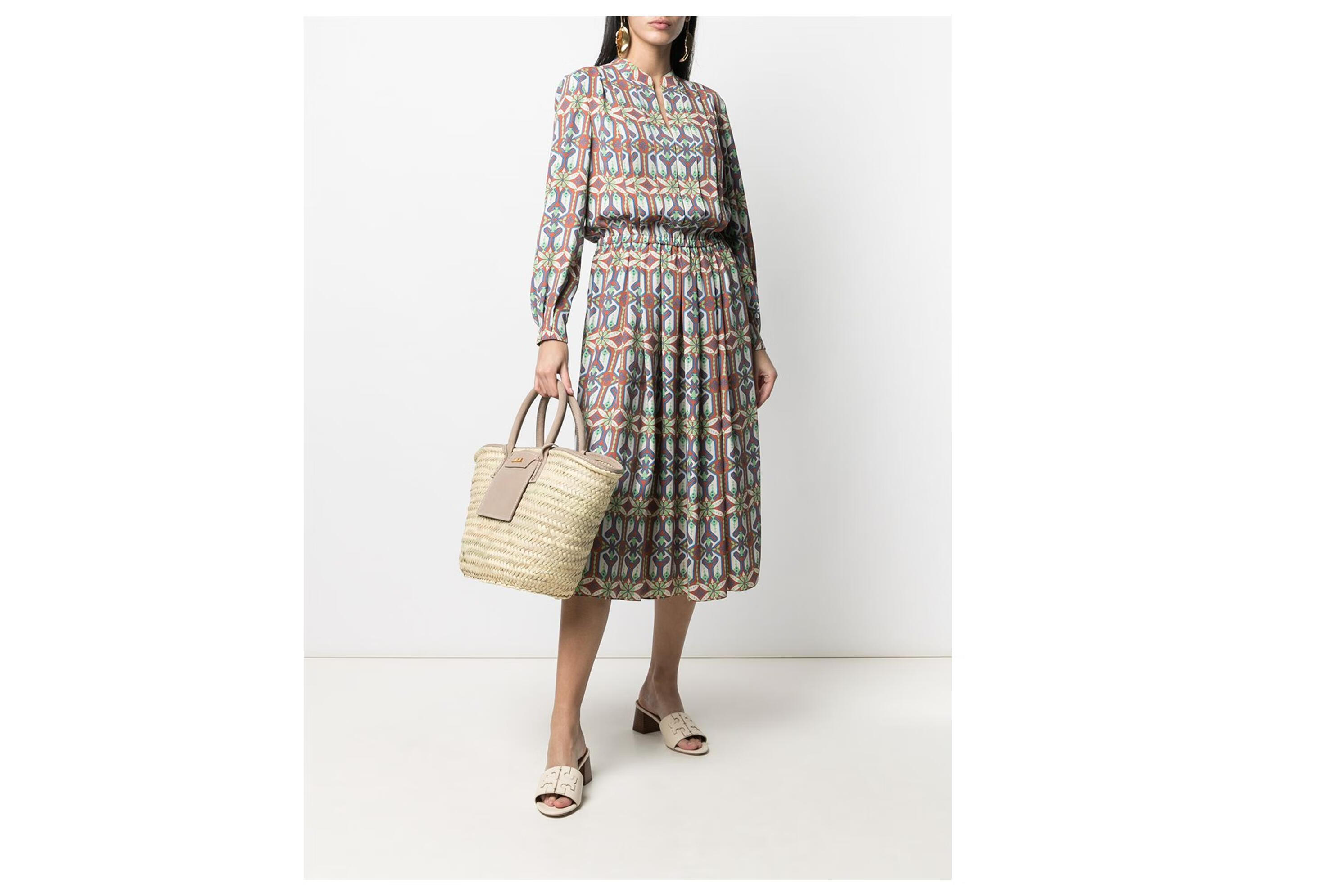 汤丽柏琦(tory burch)21春夏女士几何印花百褶中长连衣裙 褐色 us10