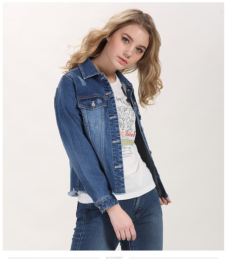 第五街春季新款修身韩版女装毛边牛仔外套短款夹克650104-181 石蓝磨