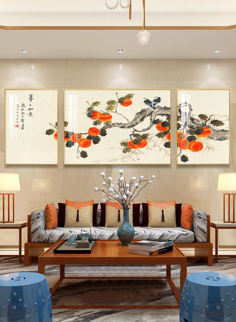 惠菲乐新中式客厅装饰画茶室沙发背景墙挂画事事如意花鸟寓意三联壁画