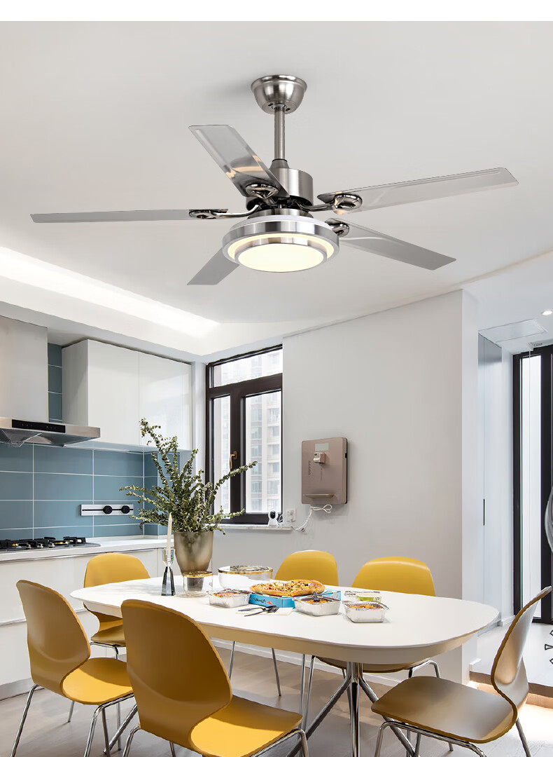 大厅灯带风扇大厅不锈钢五叶大风力吊扇灯家用客厅餐厅房间风扇灯带电