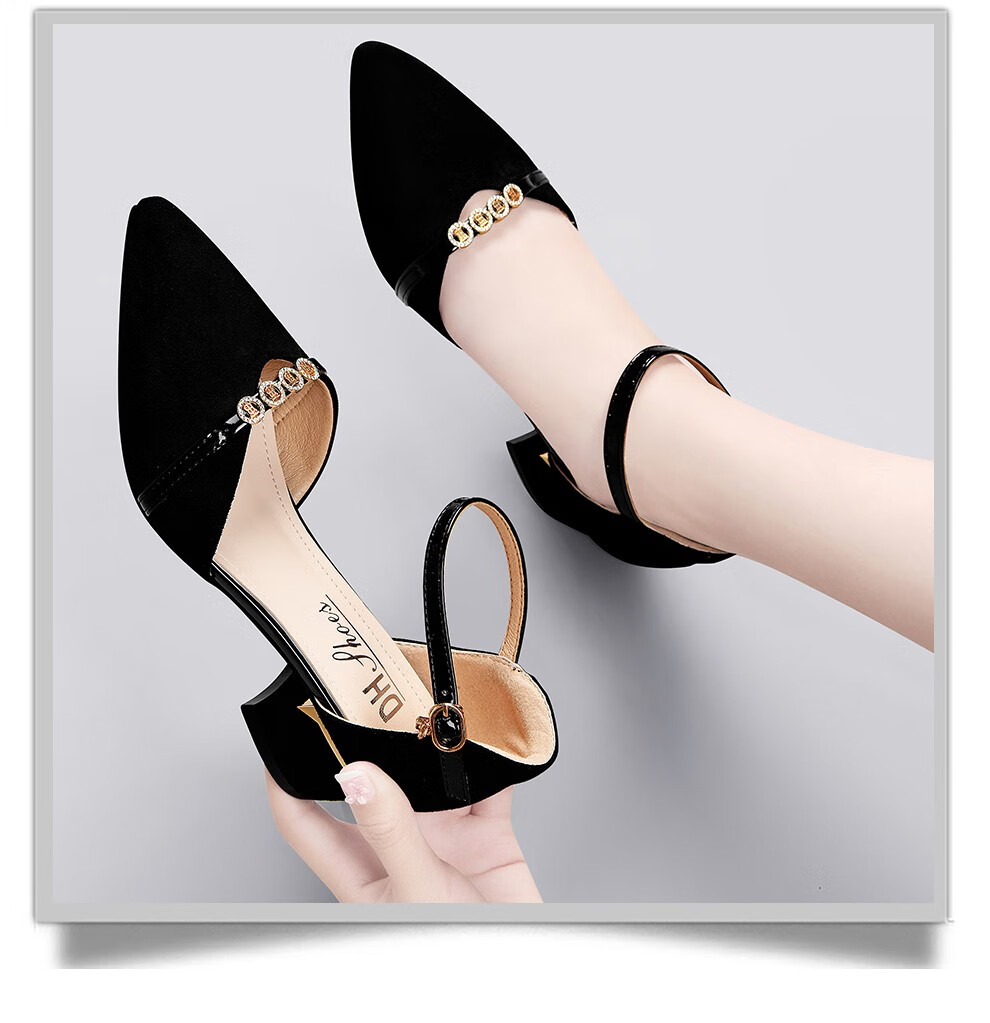 【潮流女鞋】中跟单鞋女2020秋季新款女鞋子尖头粗跟高跟鞋一字扣带