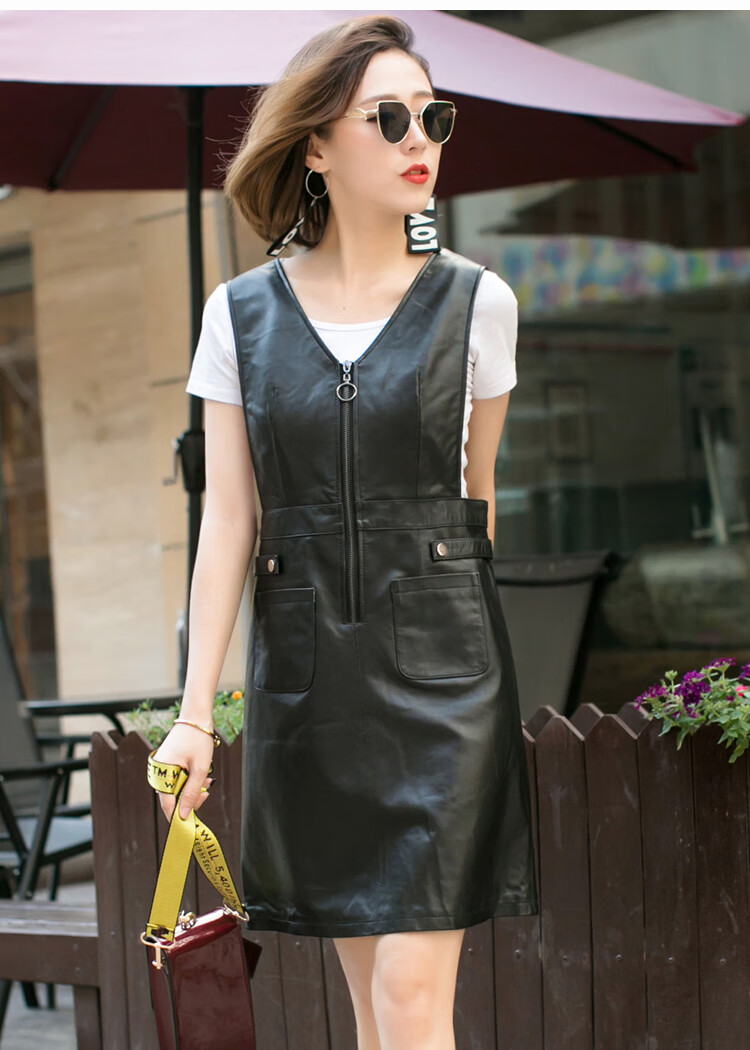 连衣真皮皮裙秋冬新款女v领中长款无袖坎肩背心裙裙黑色2xl