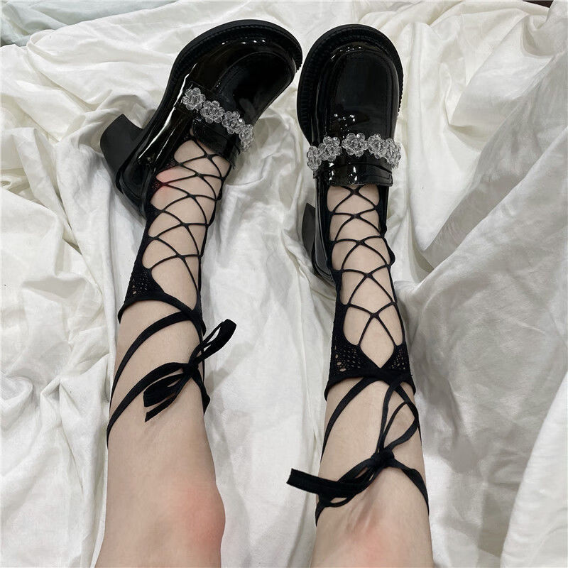洛丽塔白色蕾丝绑带小腿袜子lolita少女可爱系带夏季jk中长筒薄款2双