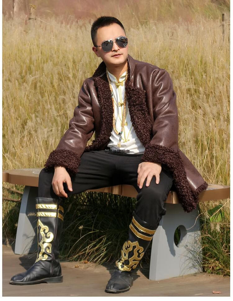 藏装藏族服装男藏袍冬季藏装外套男皮革加绒保暖短款拼色西藏民族风