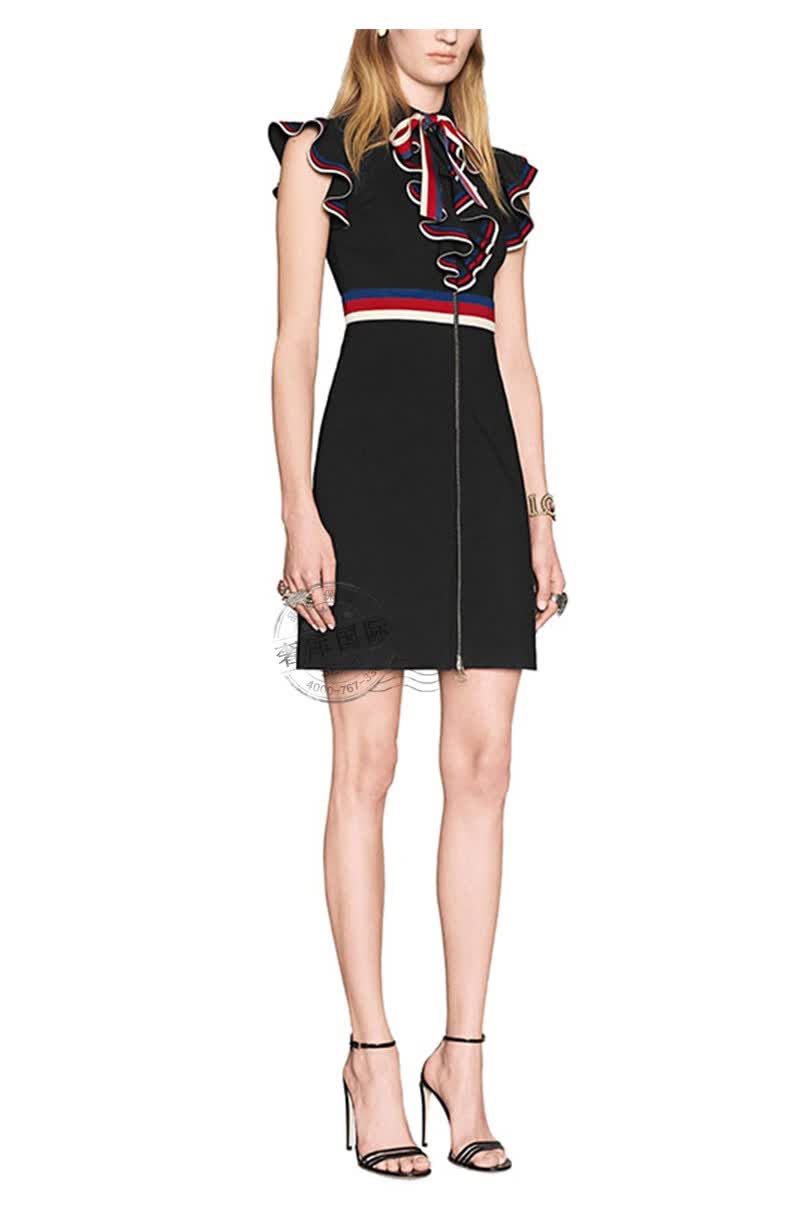 古驰gucci女式蝴蝶结木耳边无袖连衣裙467507 x5r19 1073 黑色 l