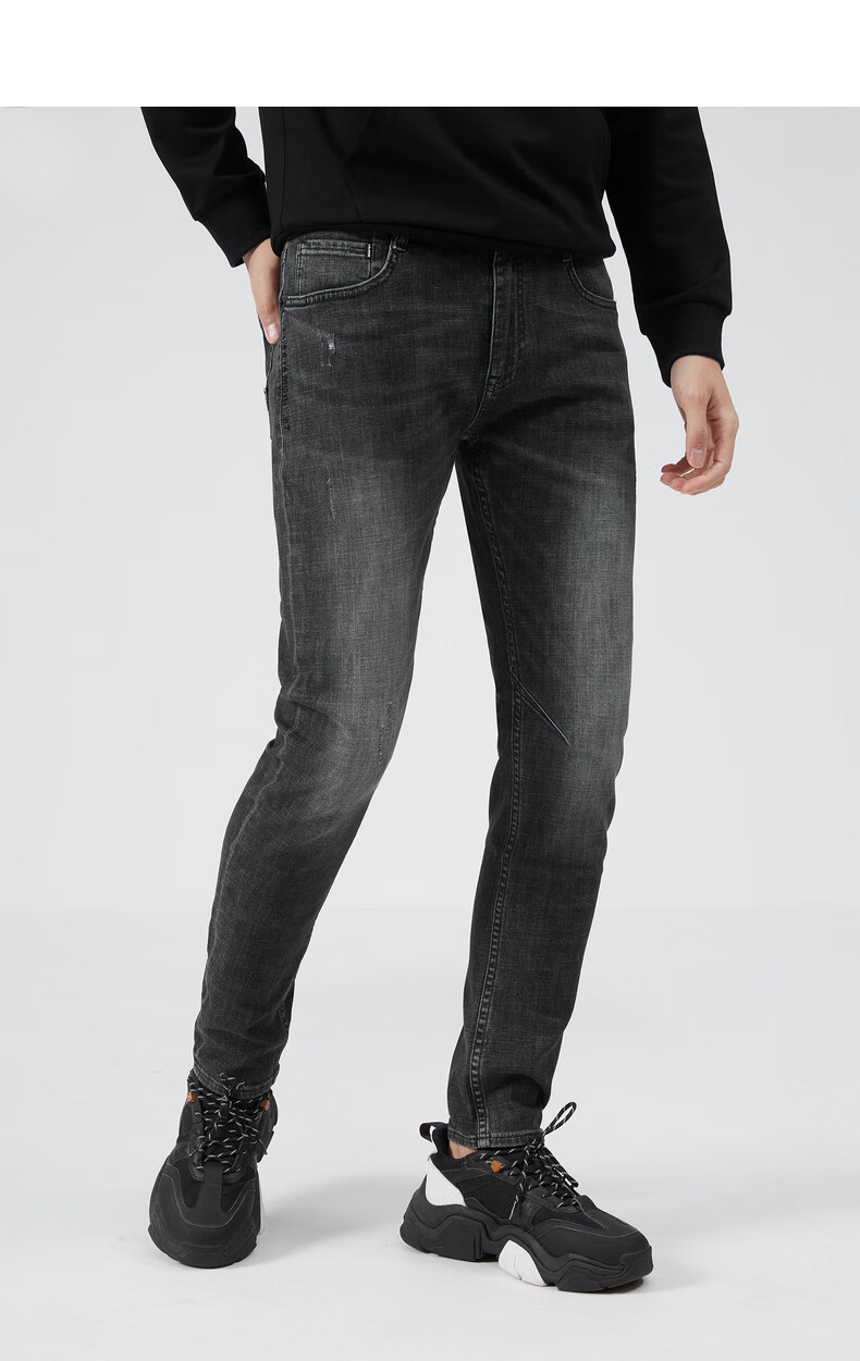 利郎水洗牛仔裤男弯刀裤2021春季新品时尚猫须磨破男裤 灰色(20cnz