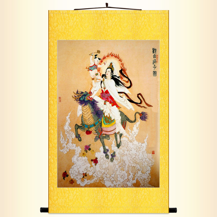 60过年送礼麒麟观音娘娘送子图画像挂画观世音菩萨佛堂书房卧室丝绸