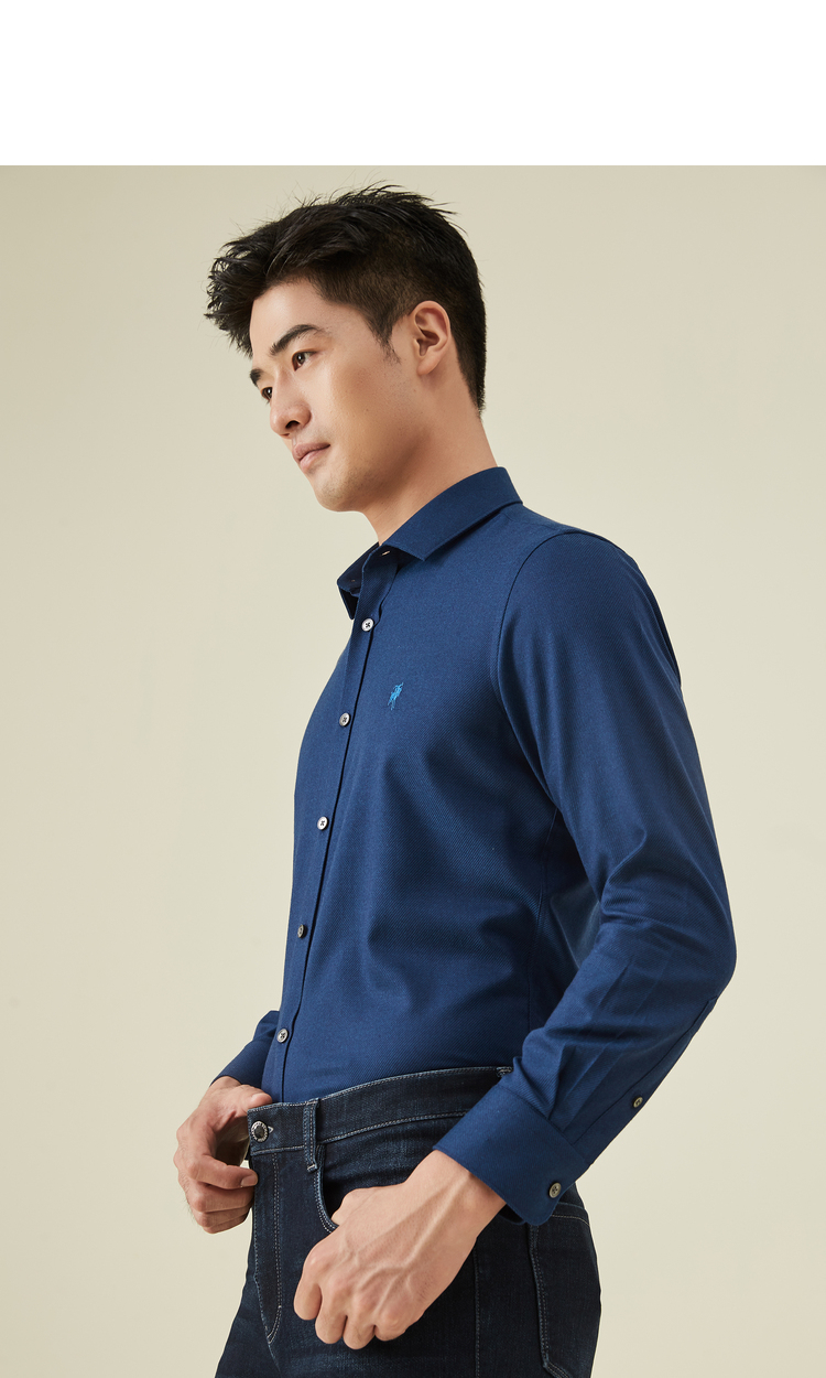 hartschaffnermarx男士商务休闲通勤修身羊毛混纺深蓝长袖衬衫男hlca