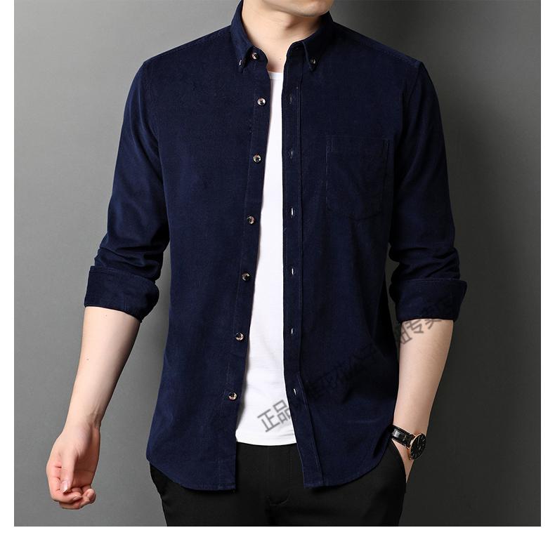 花花公子【专柜品质】灯芯绒衬衫男老年人秋冬款加厚纯棉长袖衬衣男