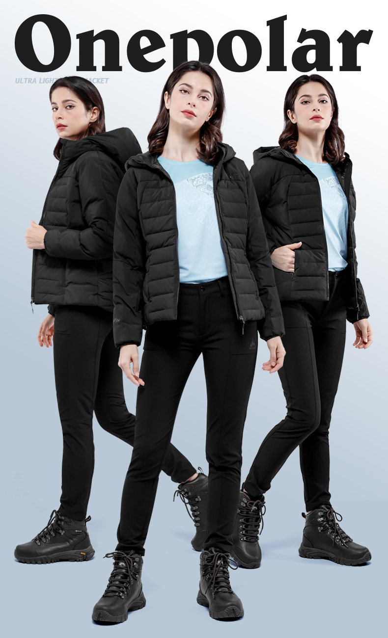 onepolar极地轻羽绒服女户外抗寒超薄大朵白鹅绒800蓬松保暖外套 黑色