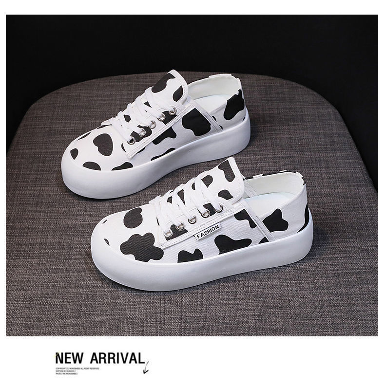 帆布鞋女isn潮年春季新款网红厚底休闲百搭系带学生豹纹单鞋奶牛40