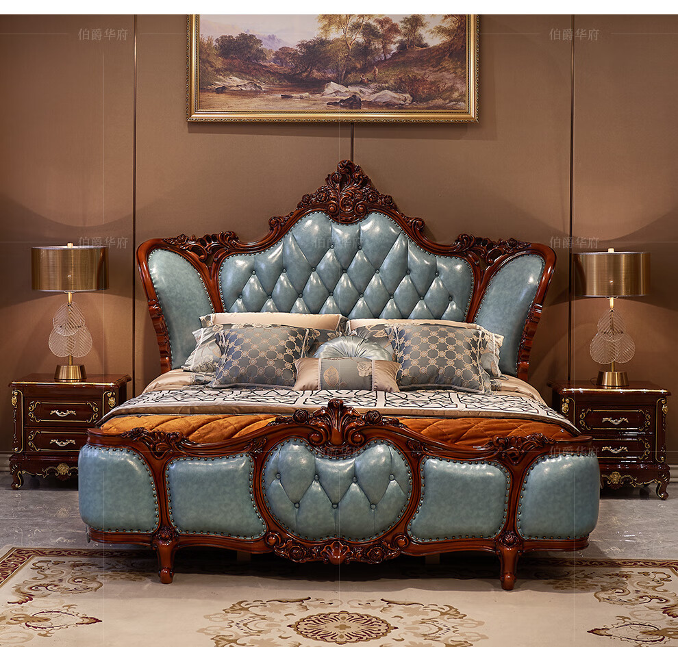 伯爵华府 床 美式床 欧式实木美式乡村家具真皮双人大床主卧婚床软包