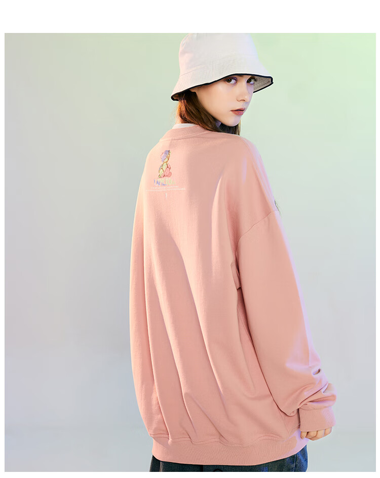 supreme圆领卫衣潮牌2021秋季熊猫印花oversize宽松大码卫衣 粉色