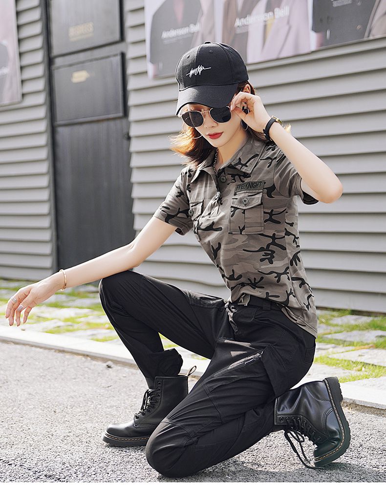 女兵2022新款夏季迷彩短袖恤女潮工装上衣显瘦弹力宽松水兵舞服装潮