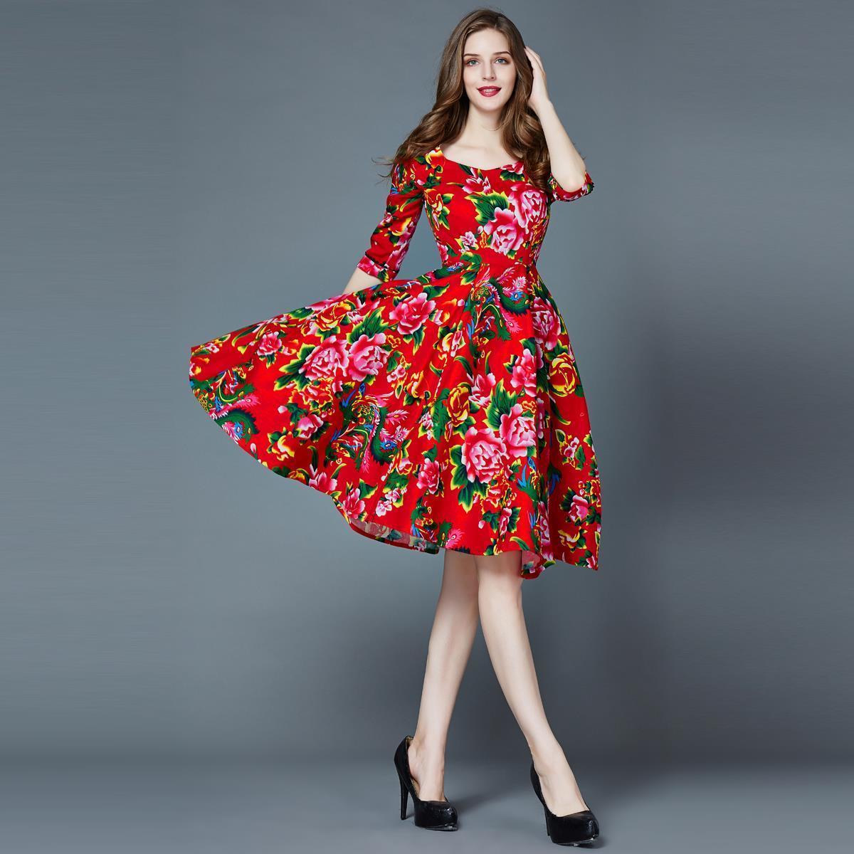 2022春秋新款东北大花布民族风棉麻连衣裙夏修身中长款大摆裙子红色s