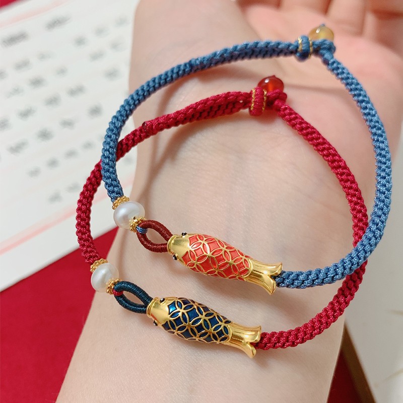 易升黄金年年有鱼手链情侣一对999足金鲤鱼手工编织绳饰品情人节礼物