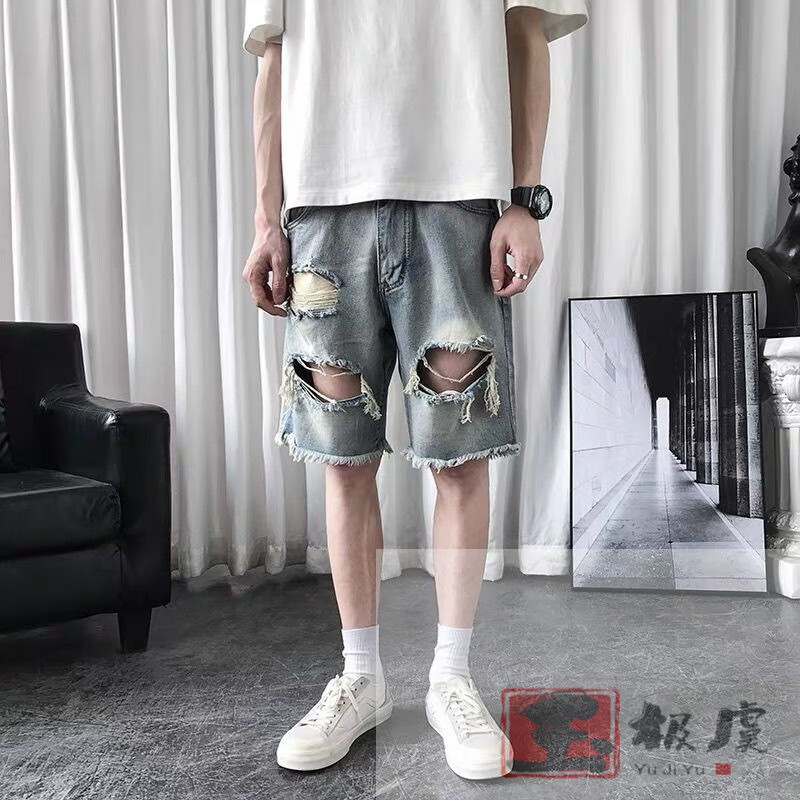 玉极虞短裤男夏季薄款大裤衩夏季薄款破洞牛仔短裤男潮五分裤男士牛仔