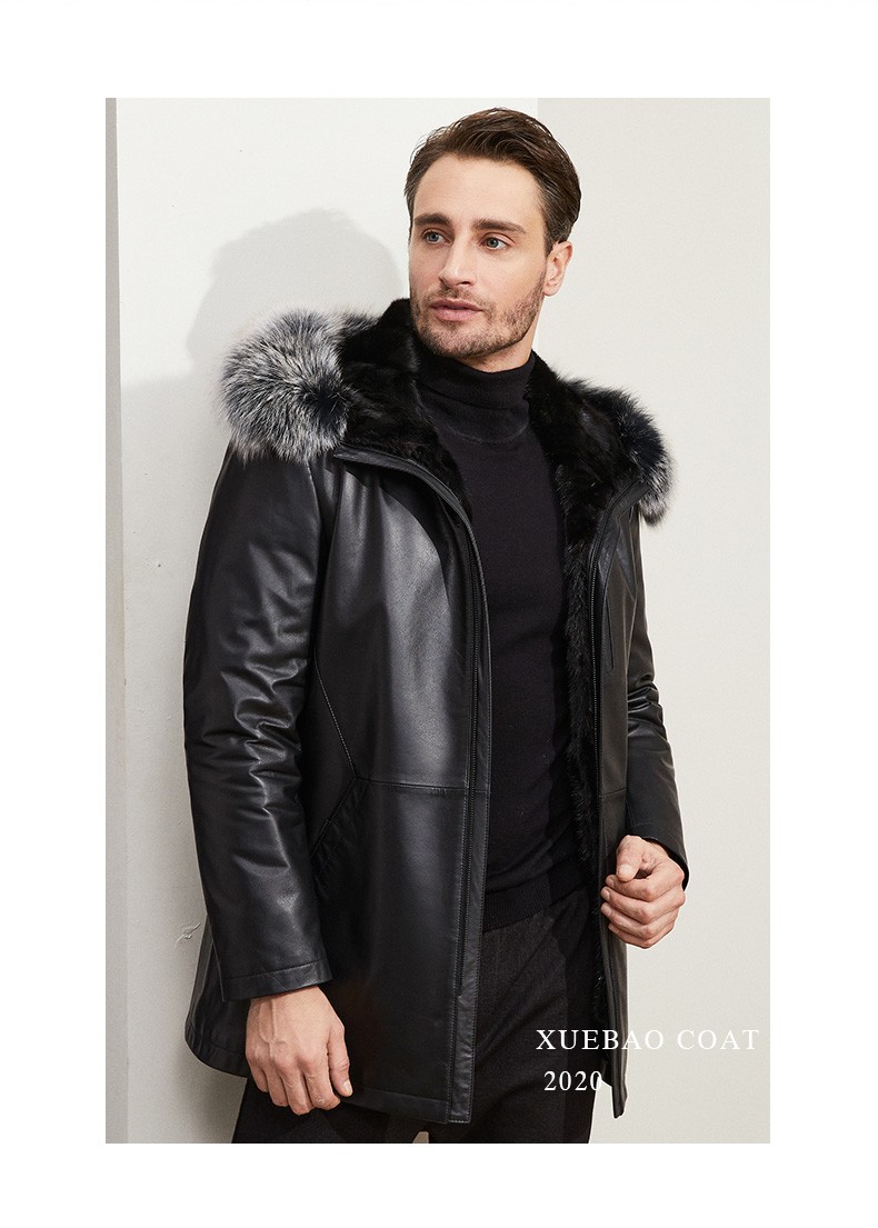 雪豹皮克服头层牛皮冬季狐狸毛领连帽中长款水貂内胆加厚保暖大衣黑色
