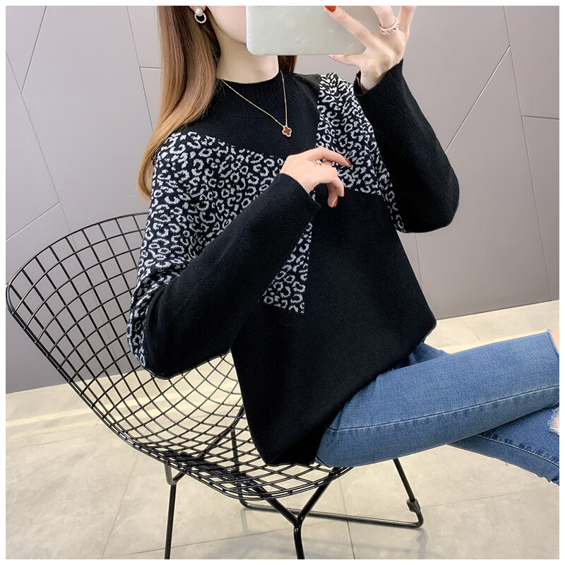 针织衫女秋冬新款半高领豹纹毛衣女宽松外穿洋气打底上衣潮 黑白豹纹